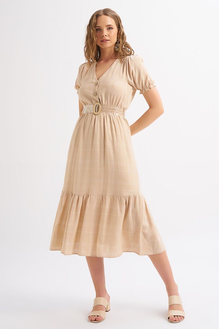 Balloon Sleeve Belt Linen Dress Beige