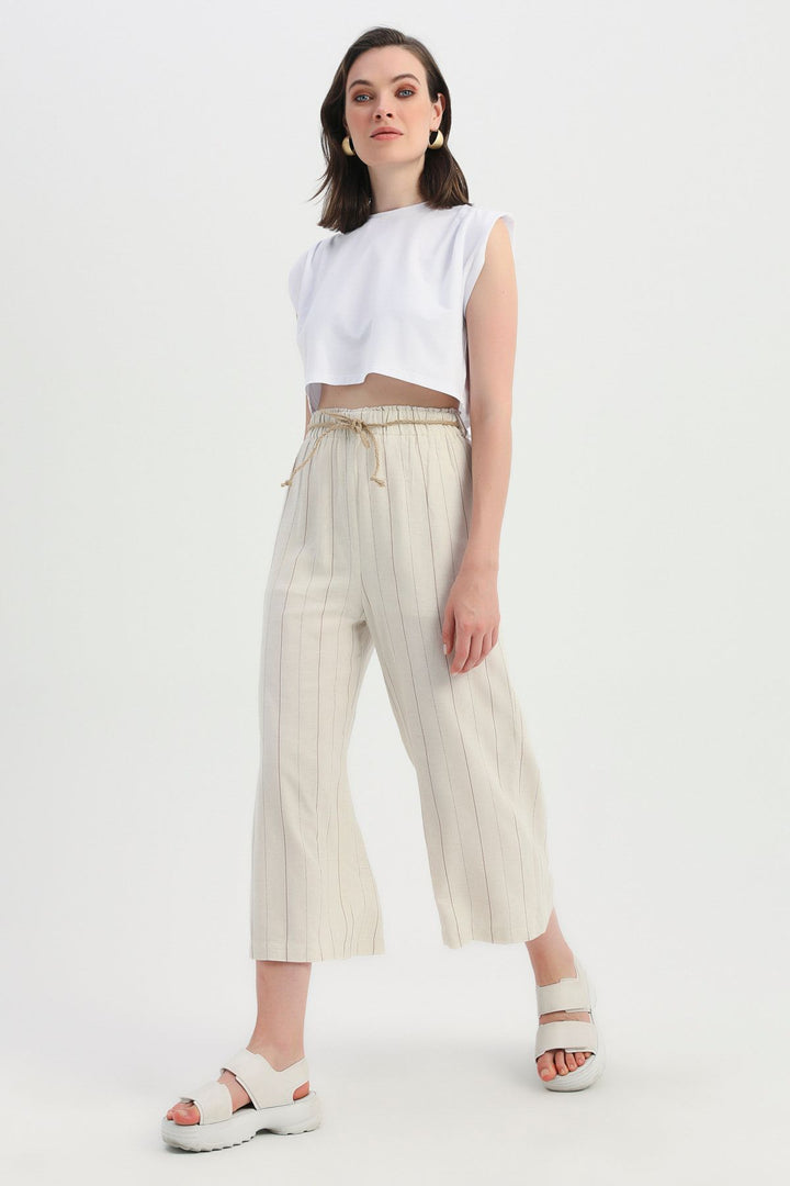 Striped Straw Rope Belt Linen Trousers Brown
