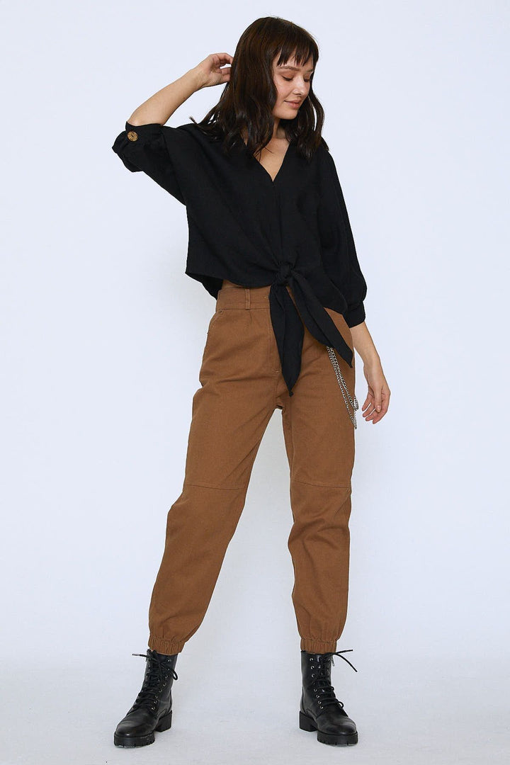 V Neck Bottom Tie Oversize Blouse Black