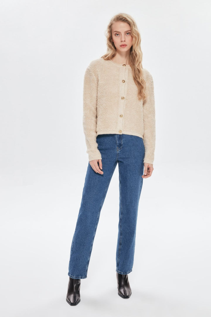 Peluş Gold Düğmeli Hırka Taş