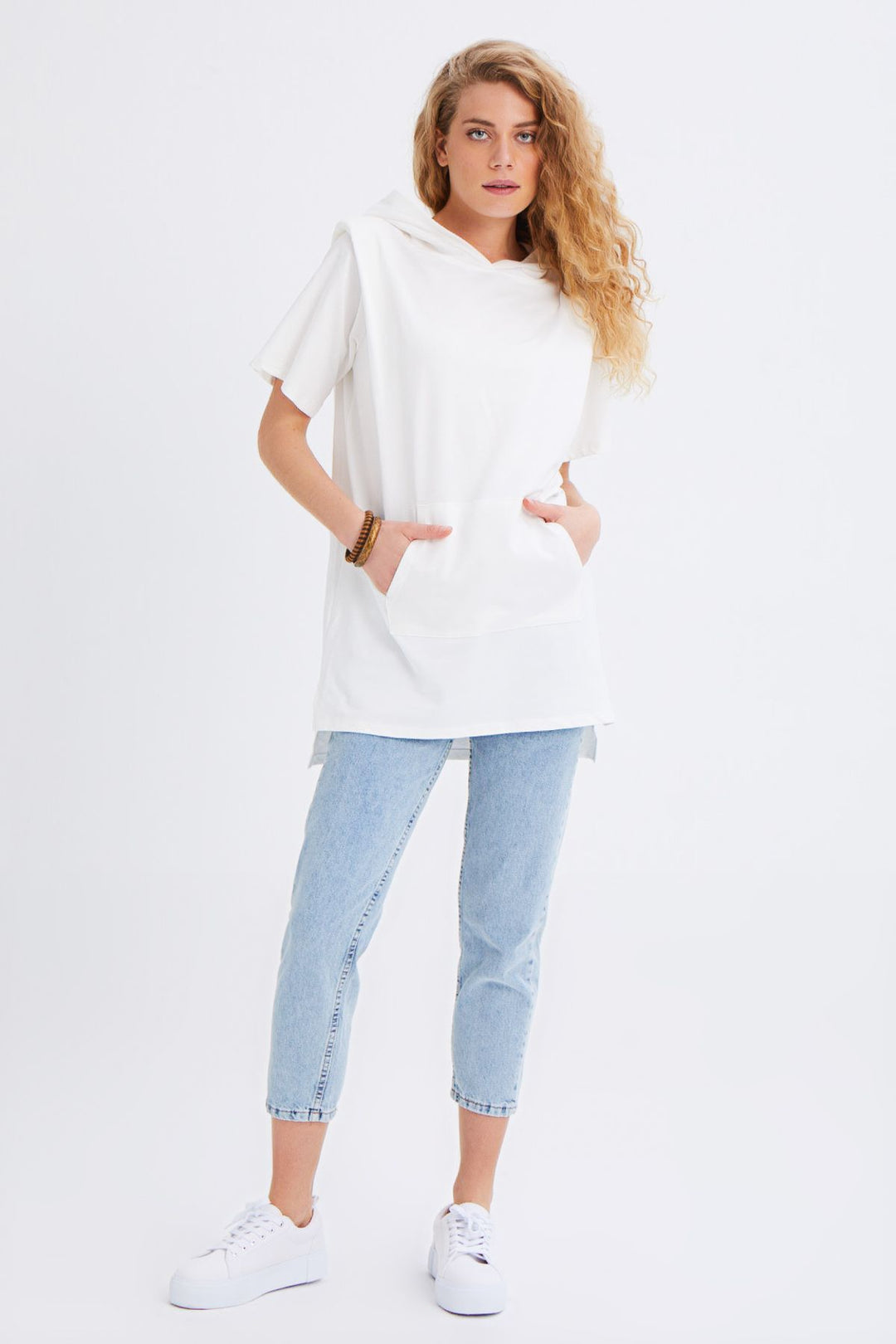 Hooded Kangaroo Pocket Long Sweatshirt Ecru