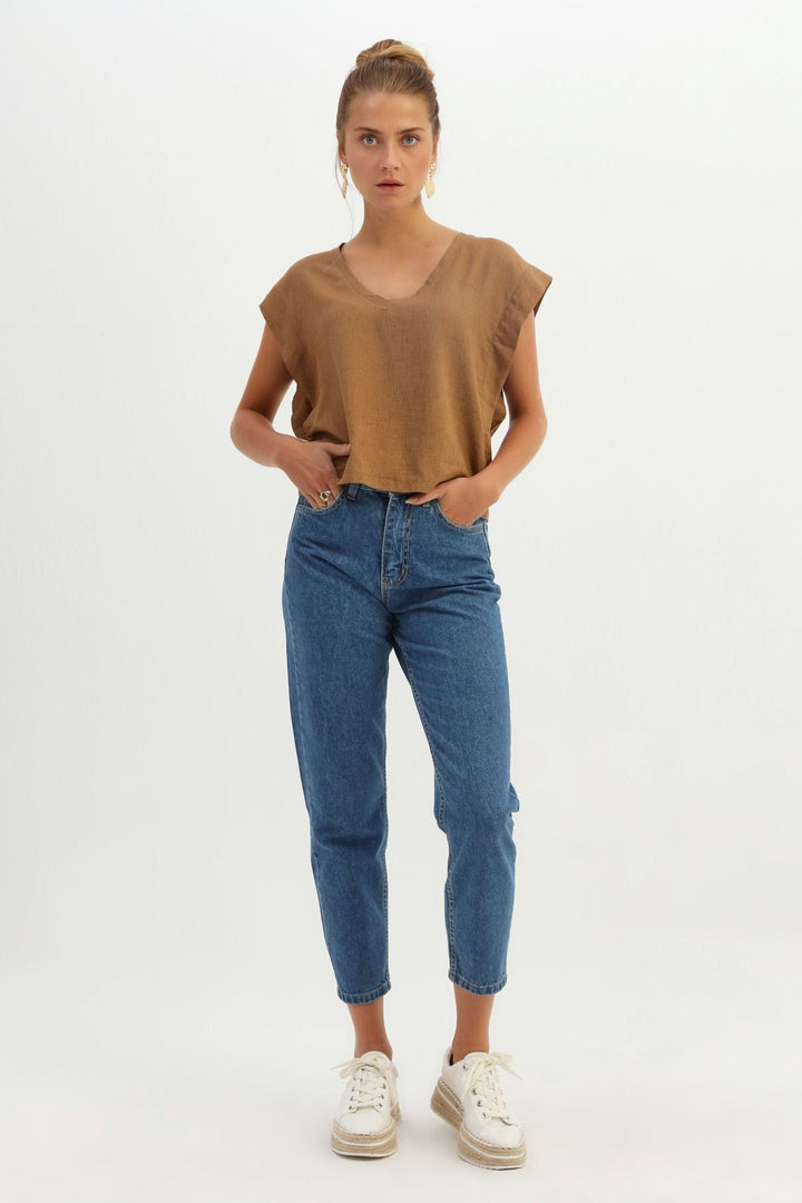 V Yaka Keten Bluz Kahverengi