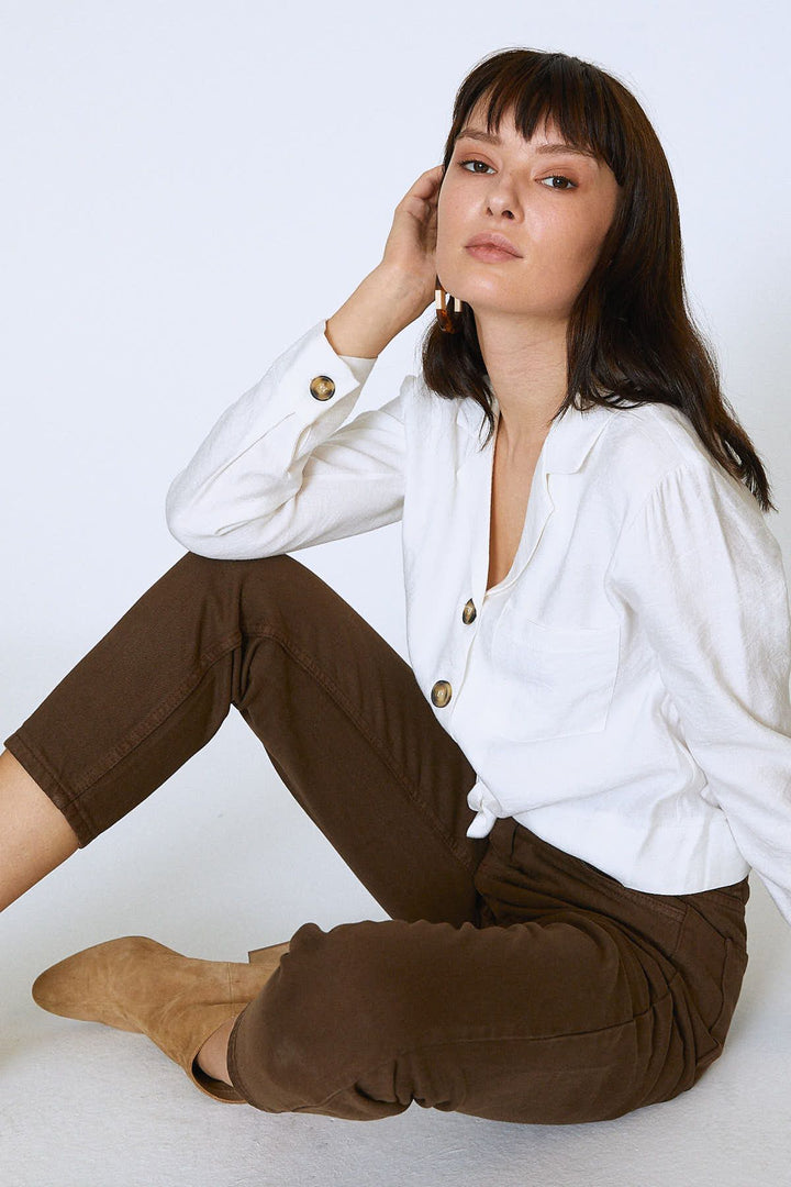 Tie Waist Pocket Long Sleeve Shirt Ecru