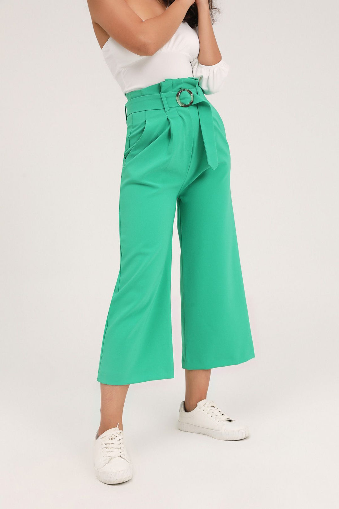 Kemerli Bol Paça Pantolon Yeşil