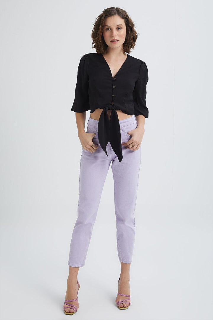 Balloon Sleeve Front Tie Crop Blouse Black