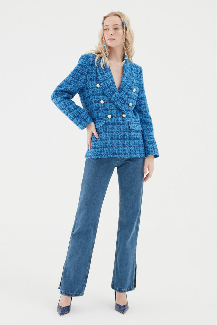 Kruvaze Tüvit Blazer Ceket Sax