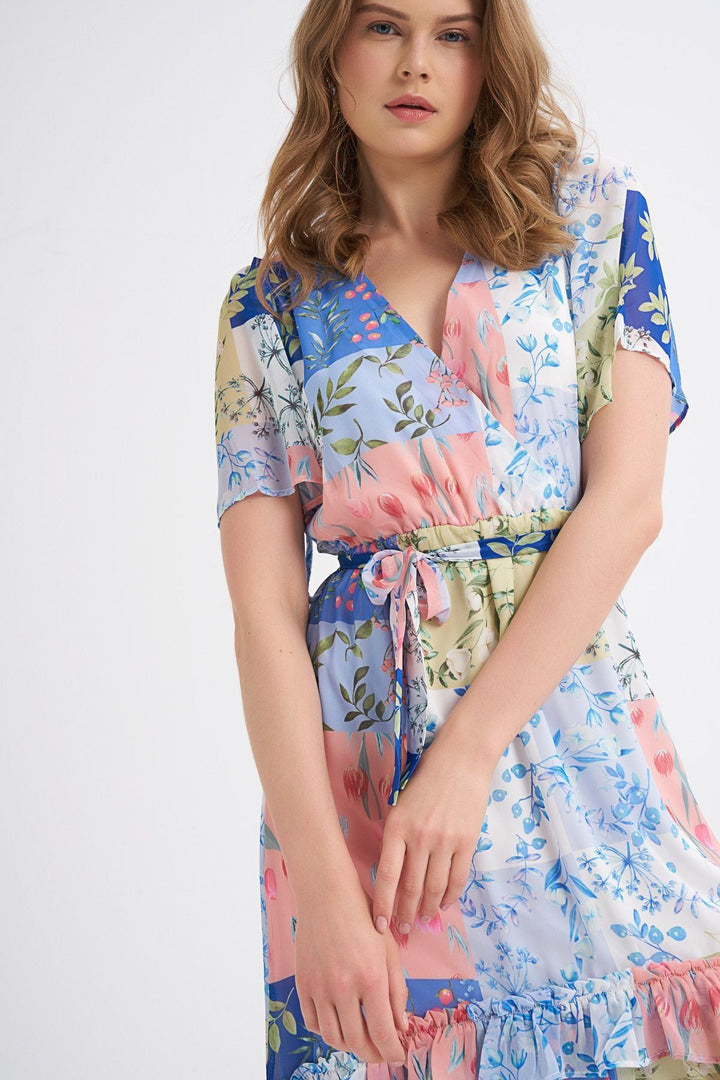 Patterned V-Neck Frilly Dress Indigo