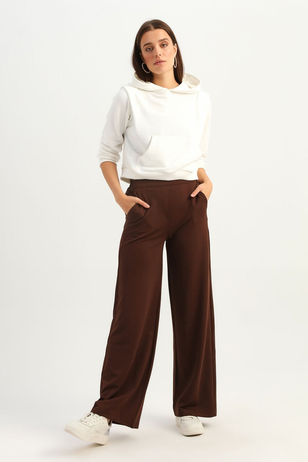 Kapüşonlu Kanguru Cepli Sweatshirt Ekru