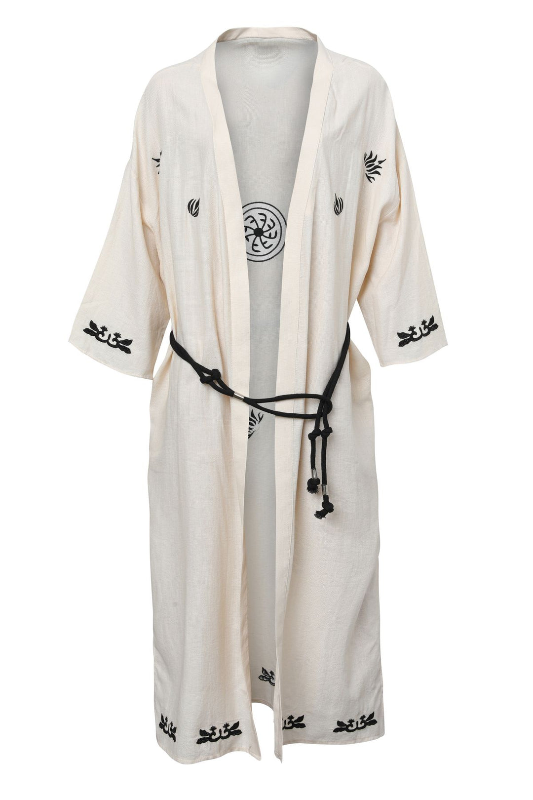 Nakışlı Kuşaklı Keten Kimono Bej