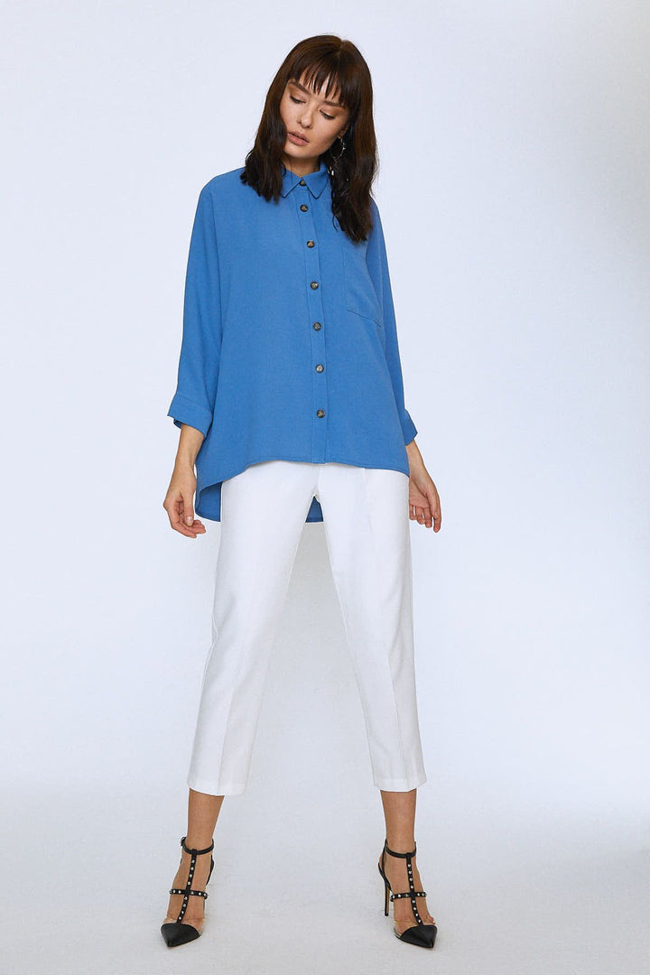 Uzun Oversize Cepli Gömlek İndigo