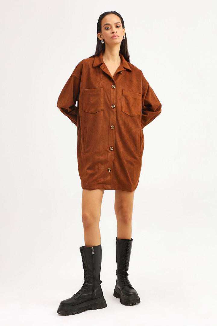 Süet Uzun Gömlek Kahverengi