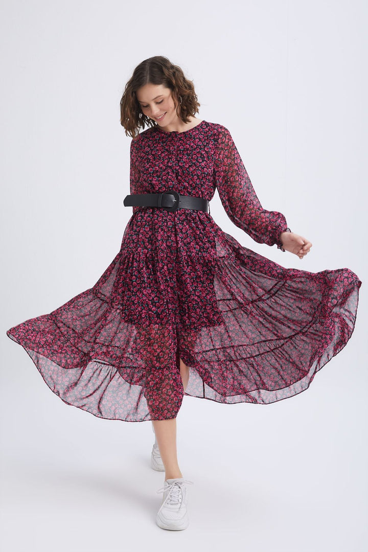 Floral Patterned Belted Dress Fuchsia