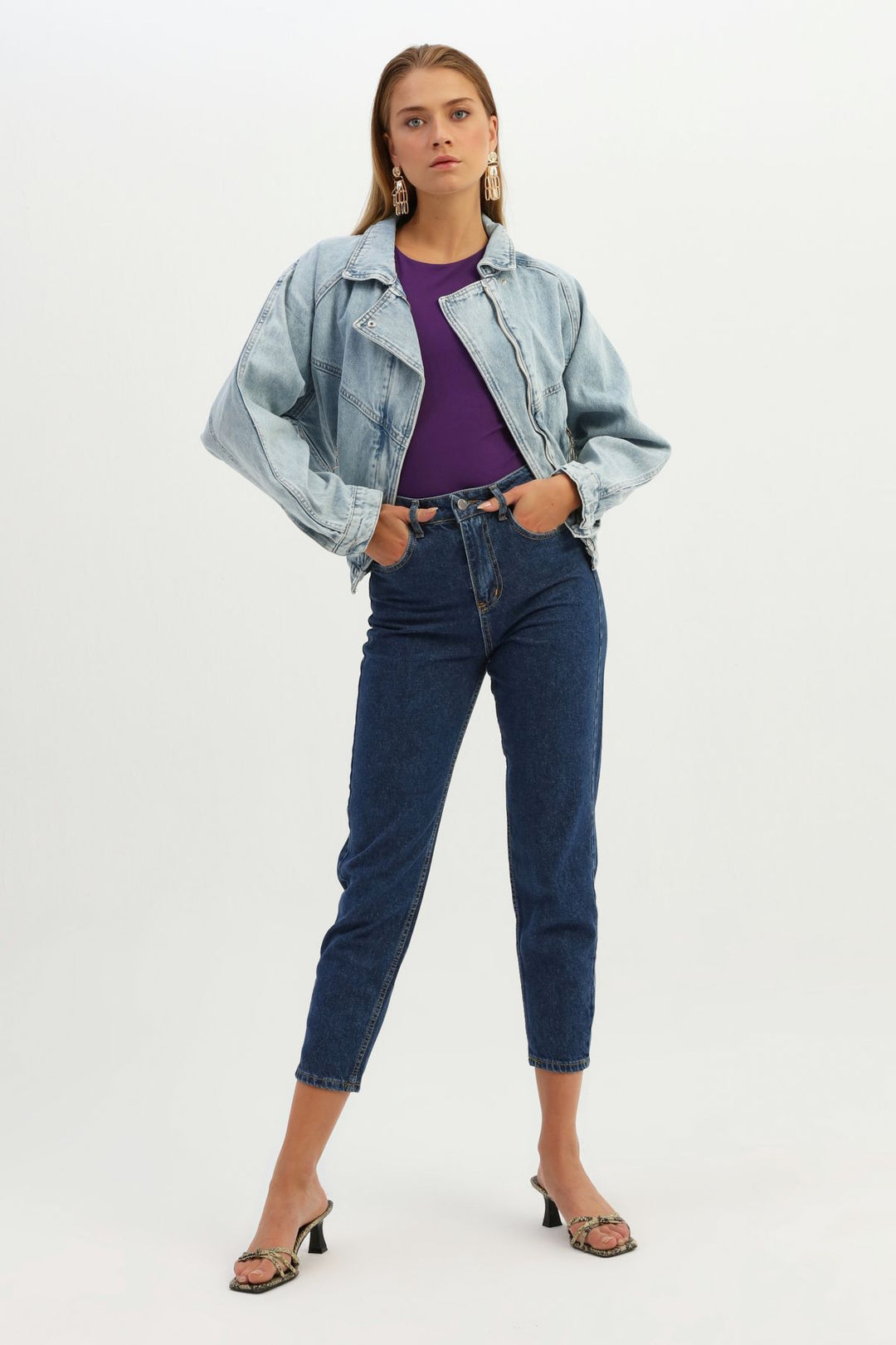 Kemer Detaylı Fermuarlı Kot Ceket Buz Mavi