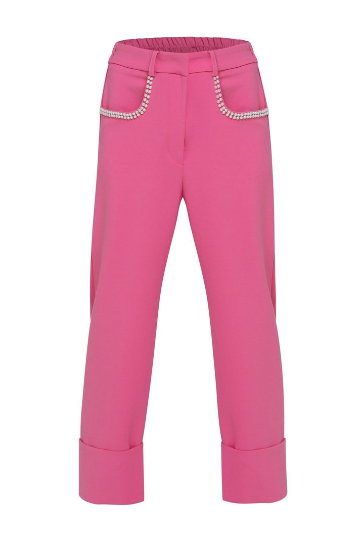 İnci Detaylı Duble Paça Pantolon Fuşya