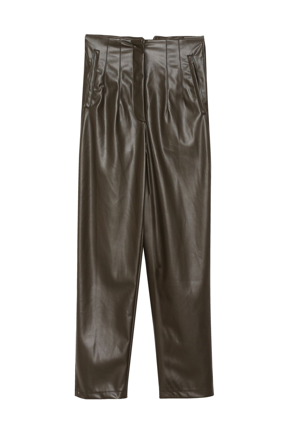 Plier Detailed Leather Trousers Khaki