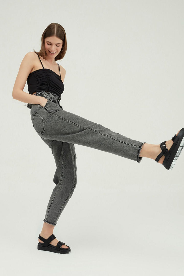 Beli Lastikli Mom Pantolon Gri