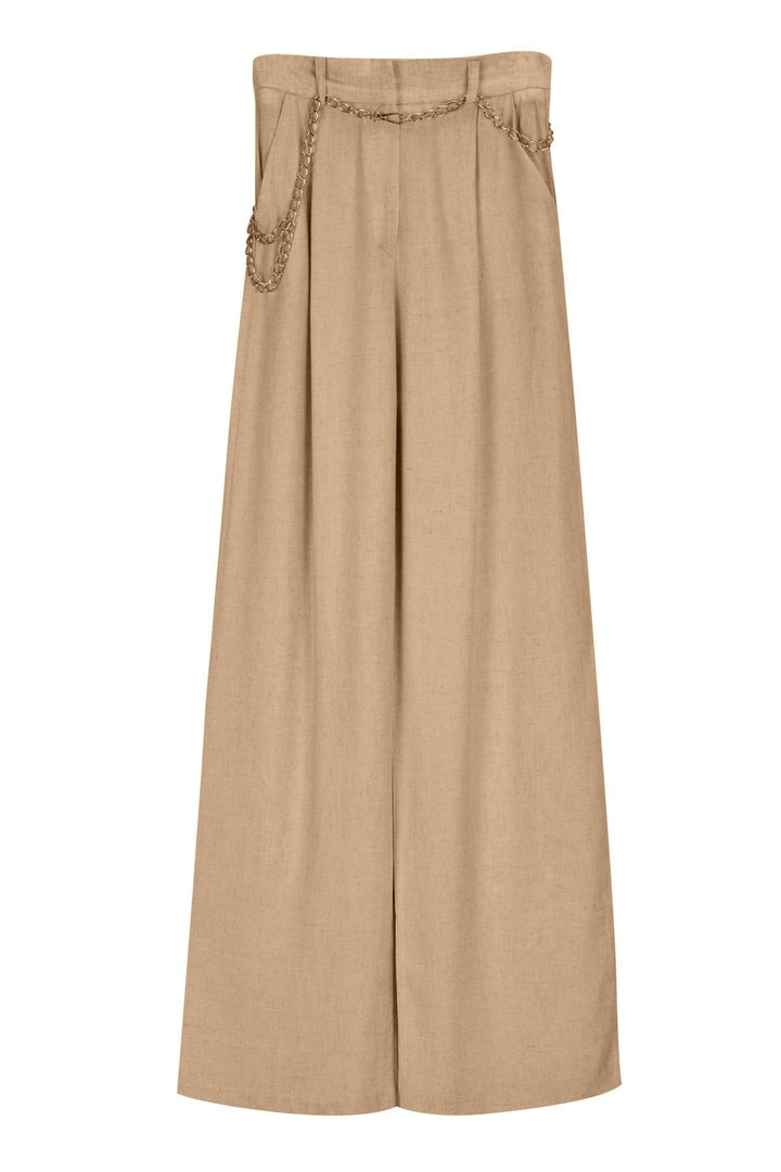Zincir Kemerli Bol Paça Pantolon Bej