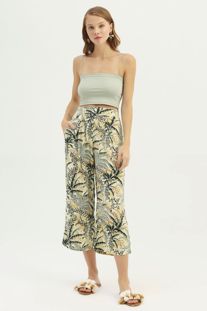 Desenli Geniş Paça Pantolon Yeşil