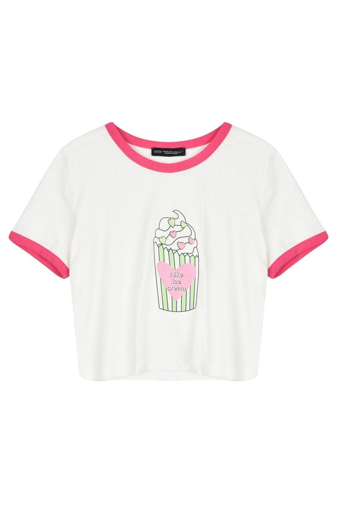 Dondurma Desenli Crop Tişört Ekru