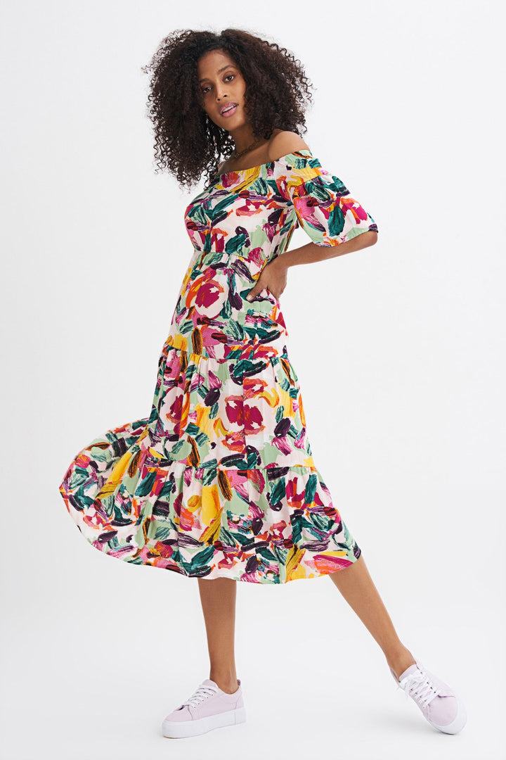 Patterned Off-Shoulder Dress Fuchsia