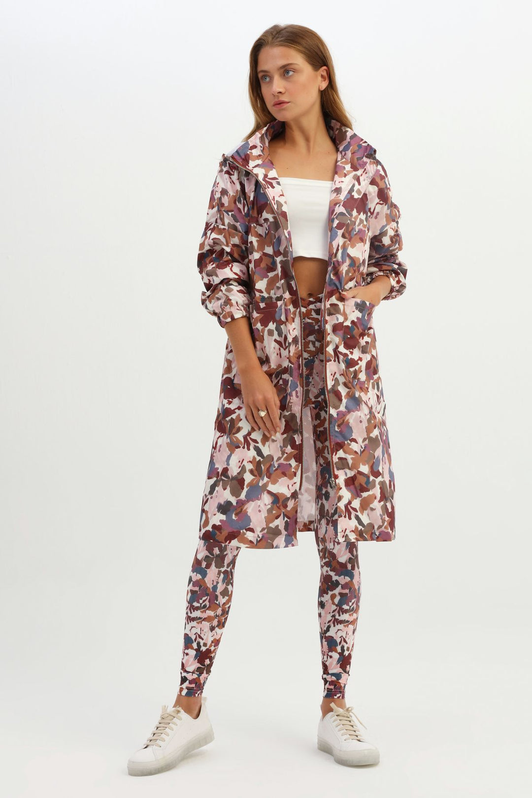 Desenli Kapüşonlu Uzun Spor Ceket Kahverengi