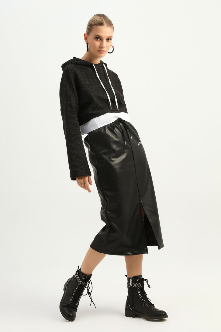 Letter Embroidered Slit Leather Skirt Black