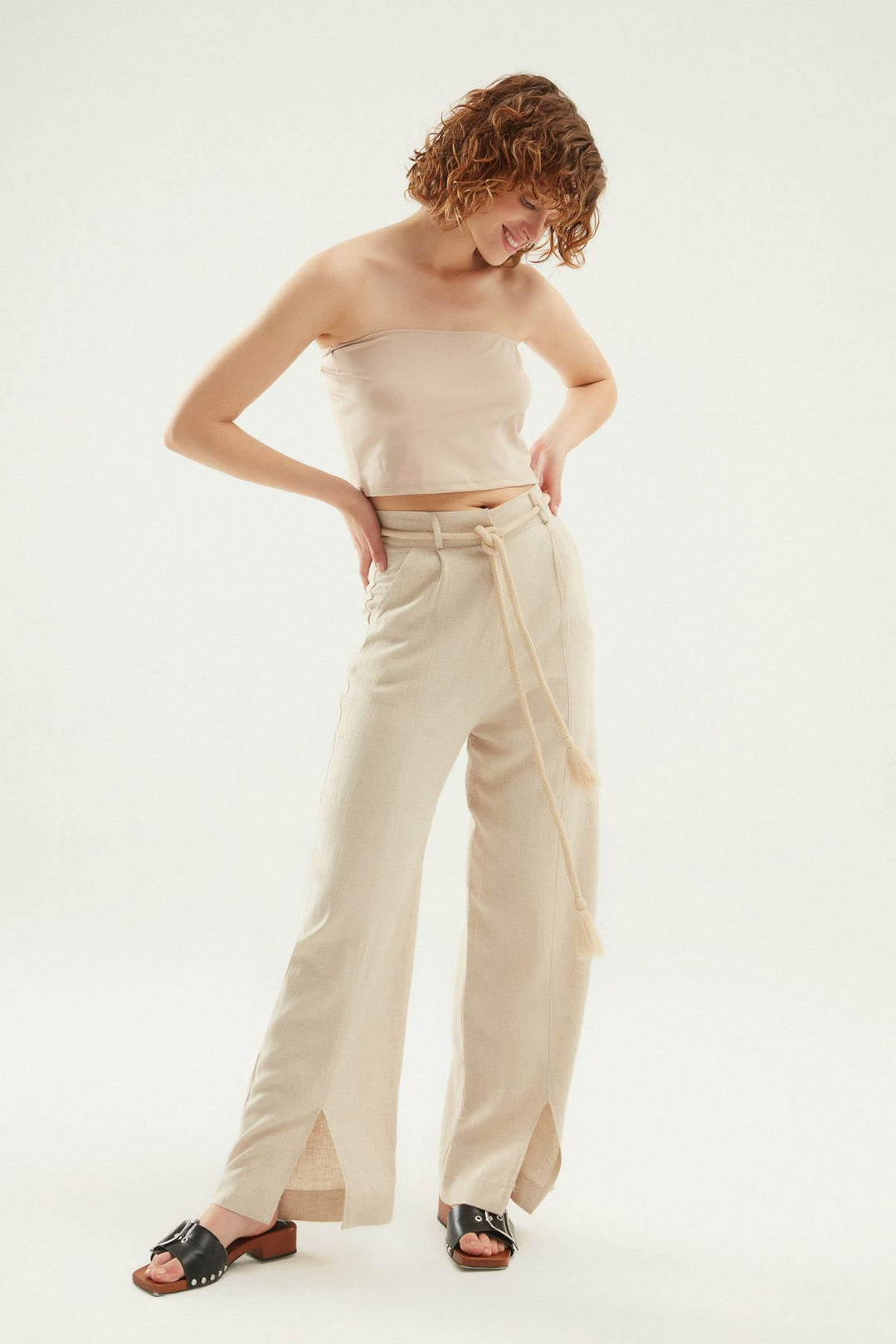 Yırtmaçlı Keten Pantolon Naturel