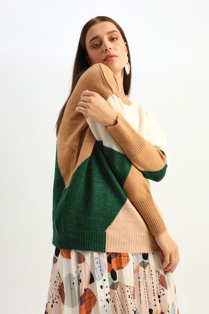 Patterned Crew Neck Sweater Brown