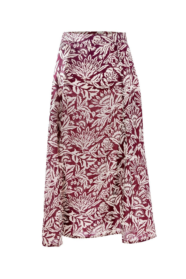 Yırtmaçlı Düğmeli Saten Midi Etek Bordo