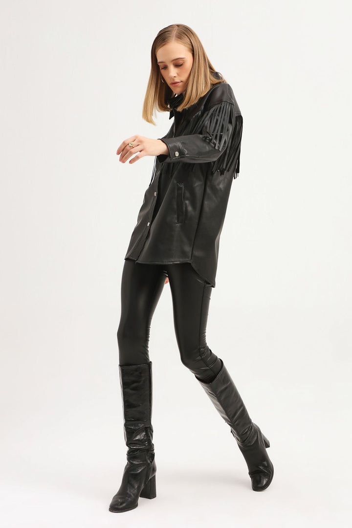 Püsküllü Deri Gömlek Siyah