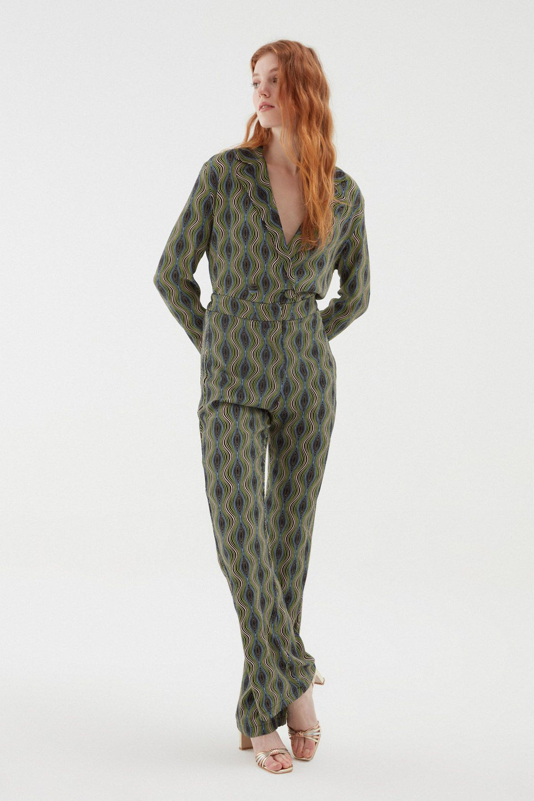 Desenli Bol Paça Pantolon Yeşil