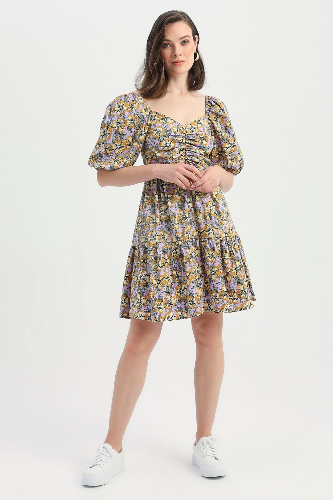 Flower Patterned Balloon Sleeve Dress Lilac