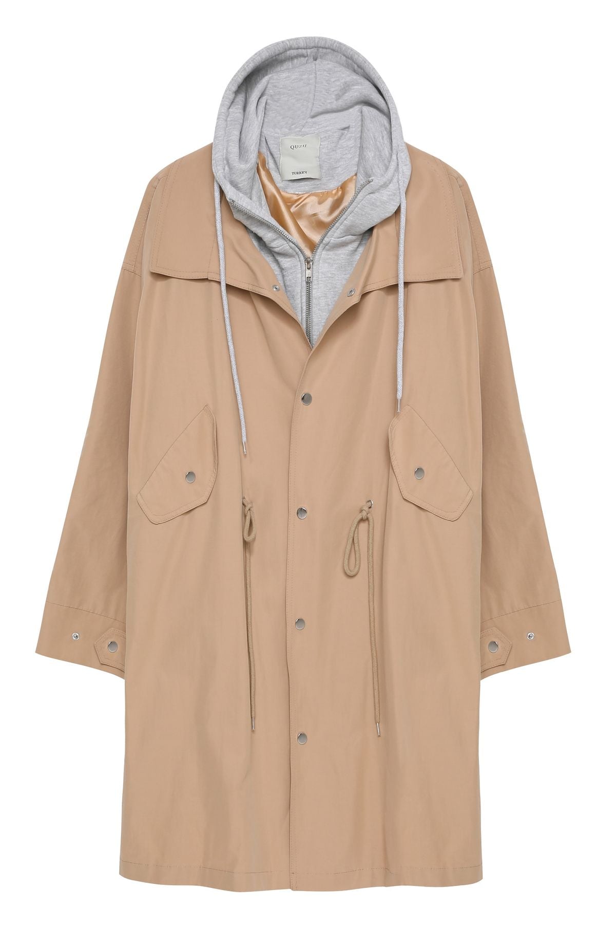 Hooded Detailed Long Trench Coat Beige