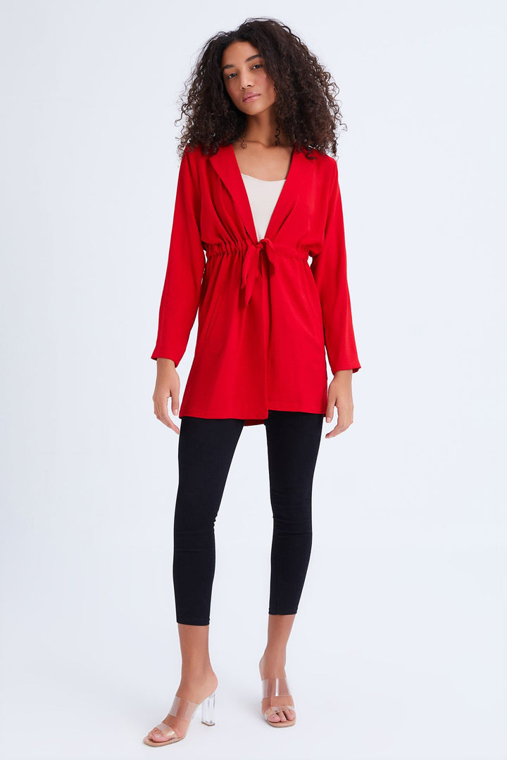 Beli Kuşaklı Uzun Ceket Kırmızı