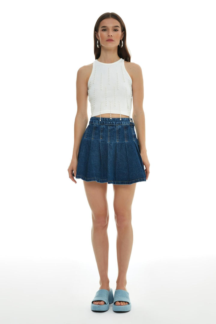 Pleat Detailed Mini Denim Skirt Blue