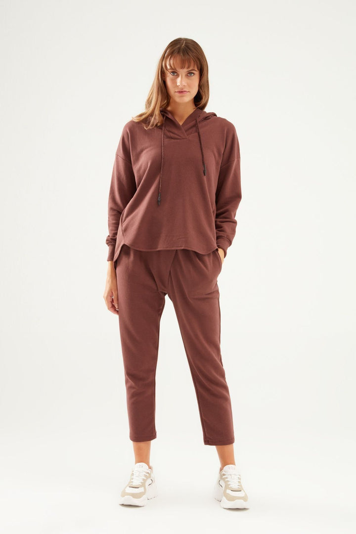 Kapüşonlu Oversize Sweatshirt Koyu Kahve