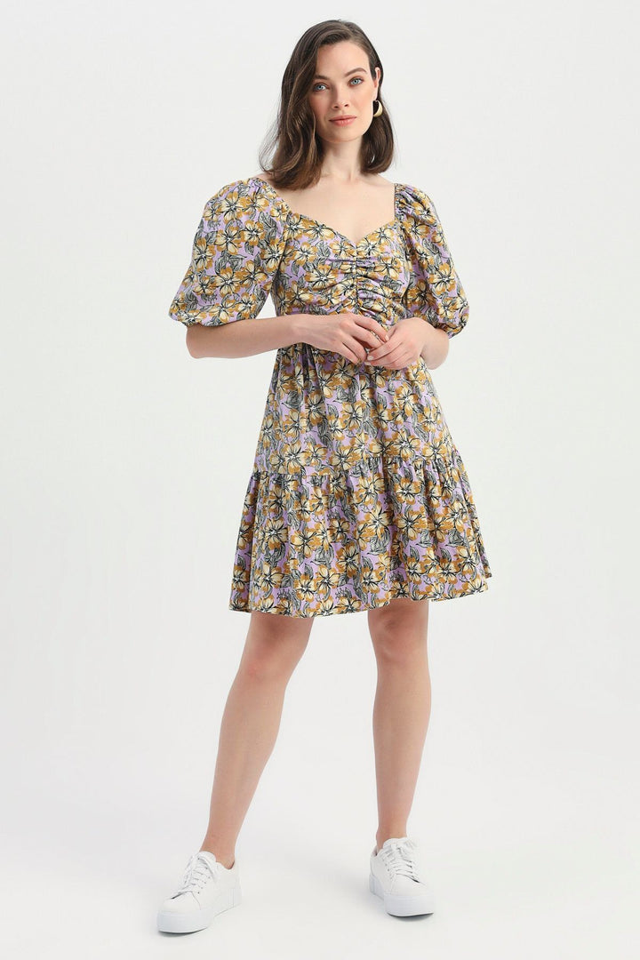 Flower Patterned Balloon Sleeve Dress Lilac
