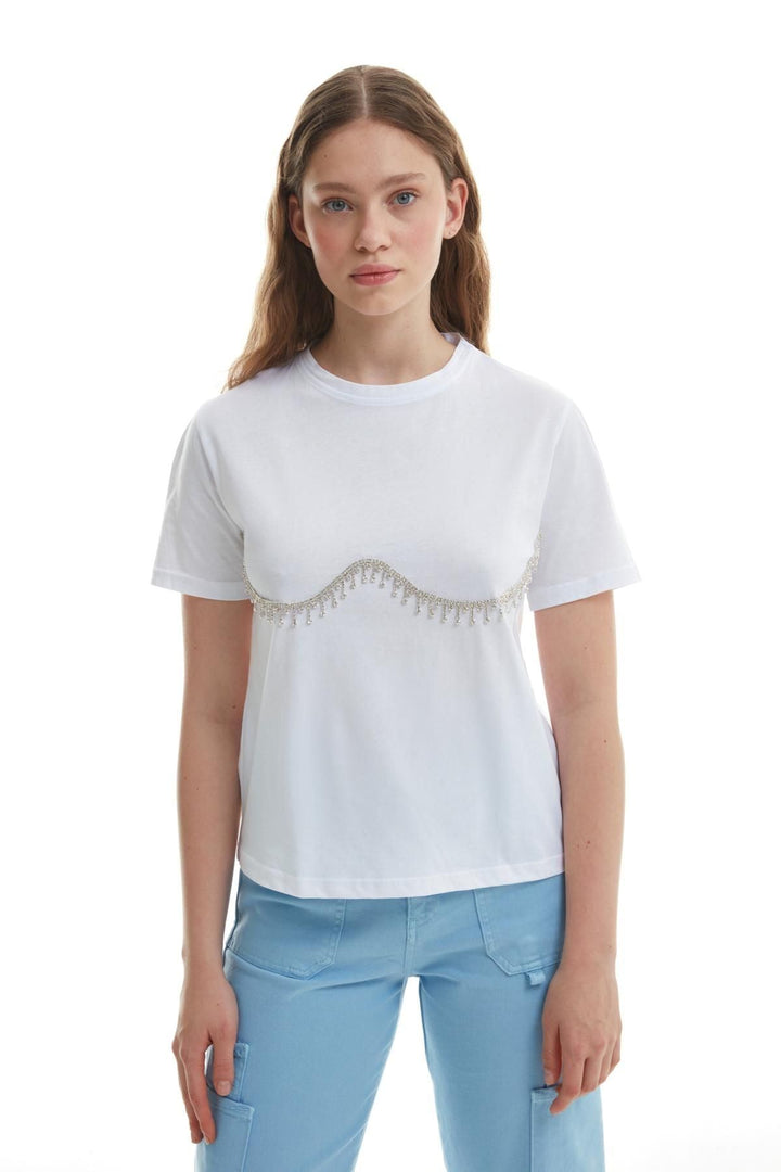 Taş İşlemeli Tişört Ekru