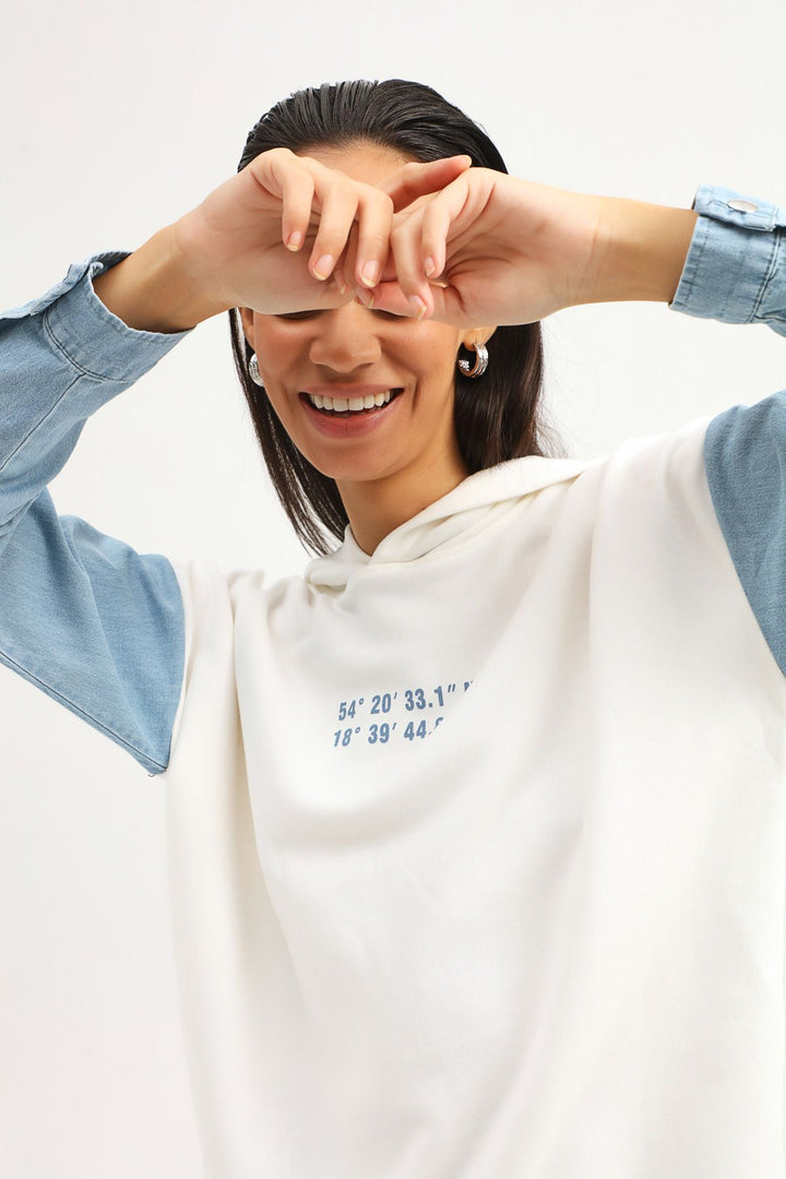 Garnili Kapüşonlu Sweatshirt Ekru