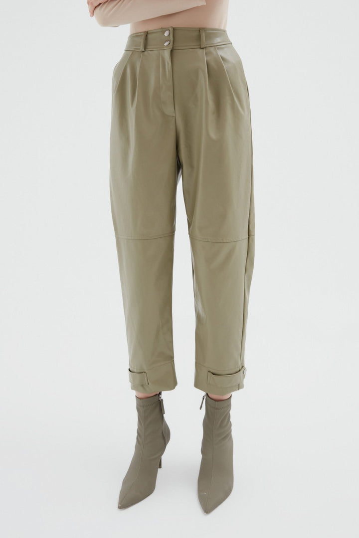 Leather Jogger Khaki With Snap Legs