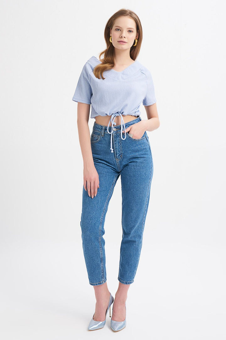 Bağlama Detaylı V Yaka Bluz Mavi