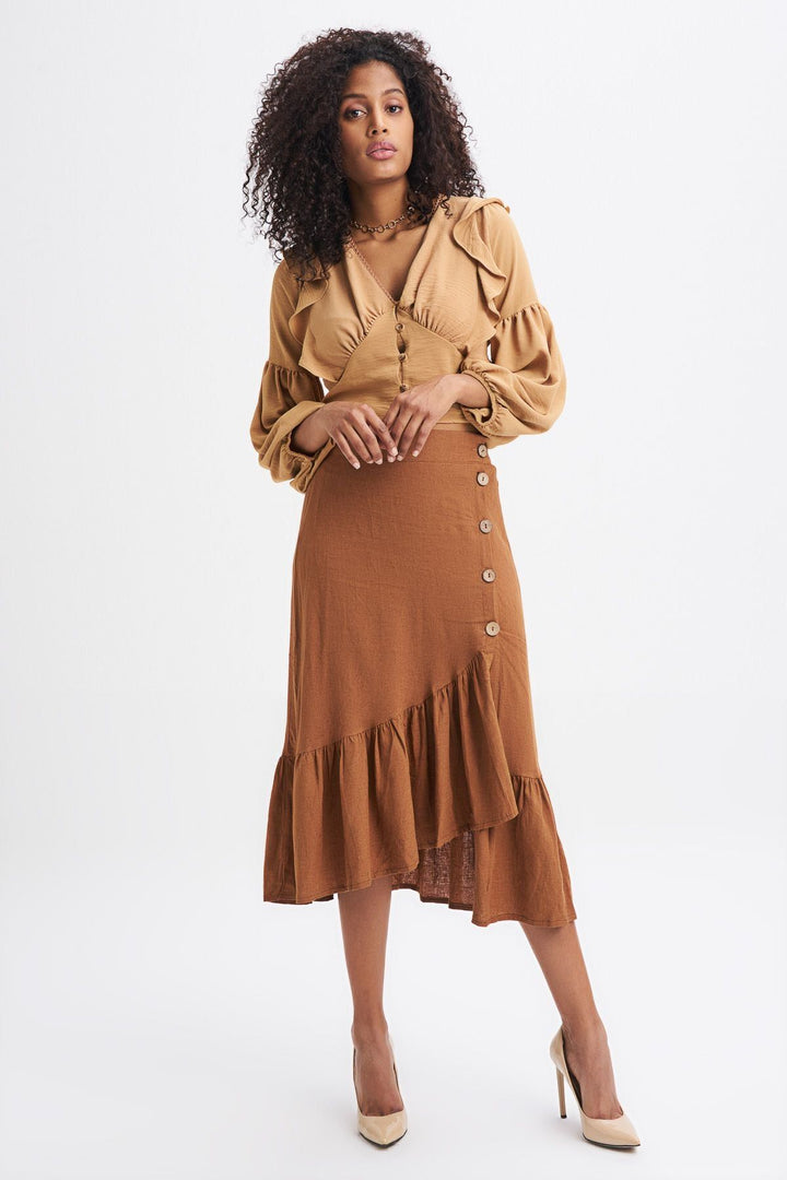 Buttoned Slit Linen Skirt Brown