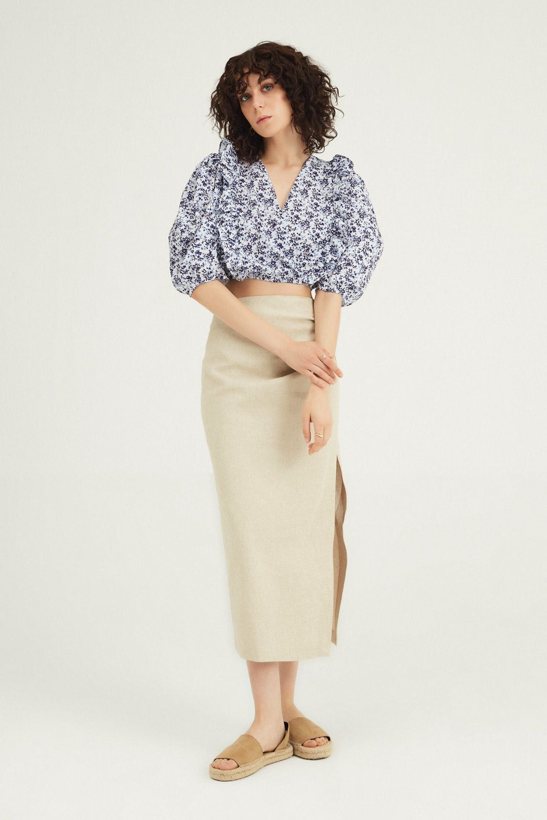 Çiçekli Kruvaze Crop Bluz Mor