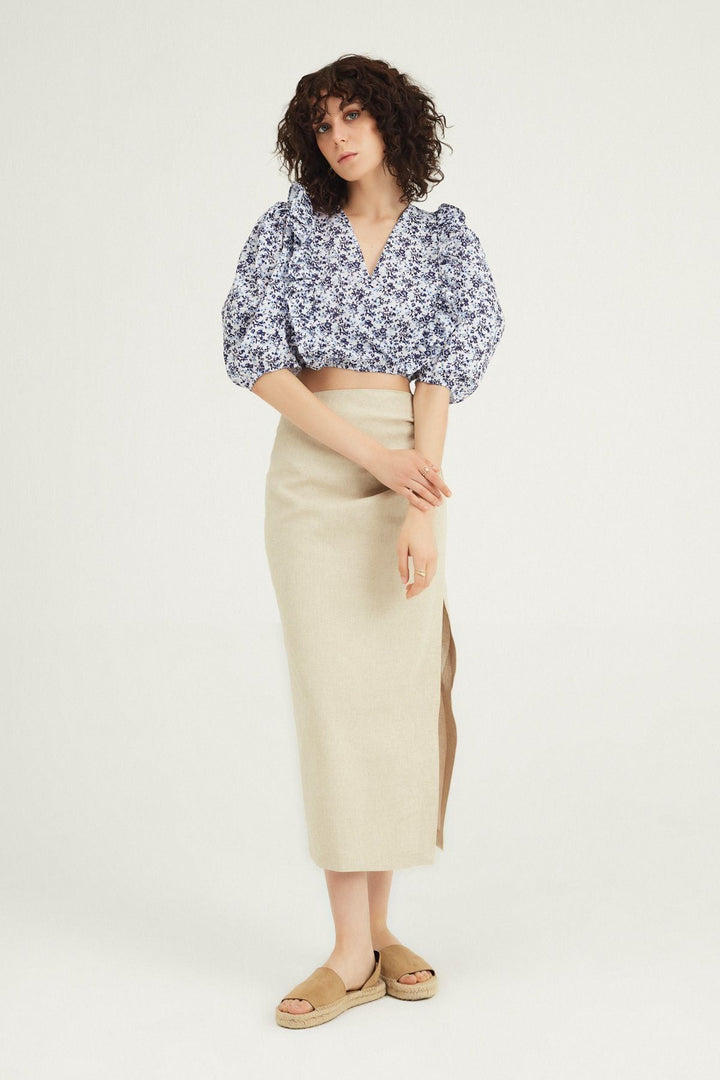 Çiçekli Kruvaze Crop Bluz Mor