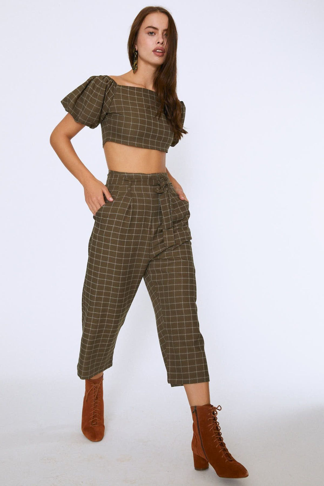 Waist Belted Wide Leg Trousers Khaki