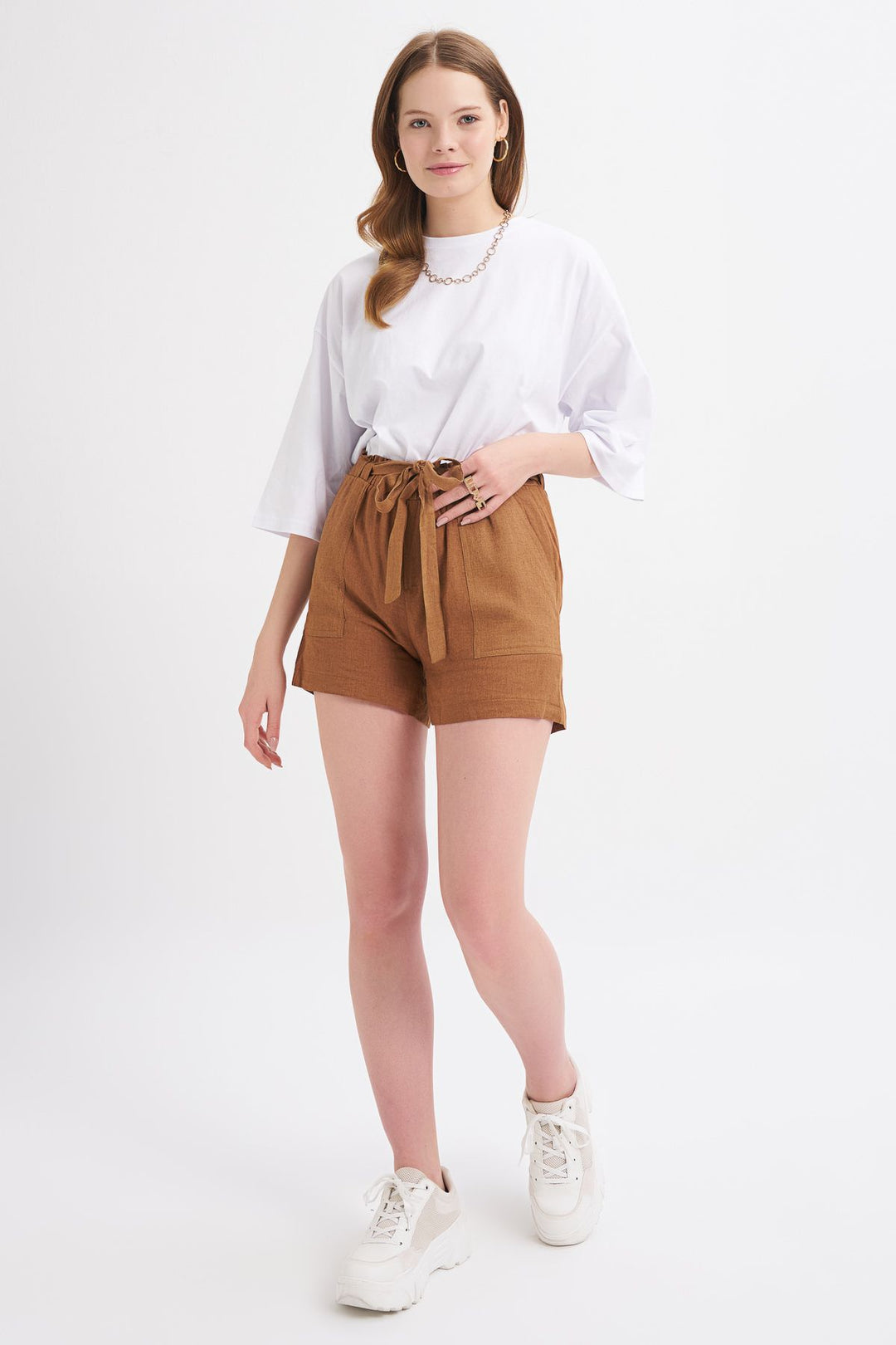 Kuşaklı Yüksek Bel Keten Şort Kahverengi