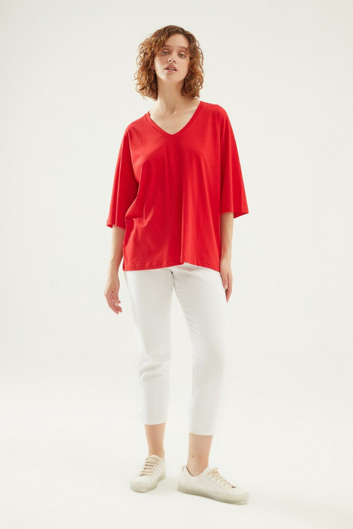 V Yaka Truvakar Kol Tişört Kırmızı