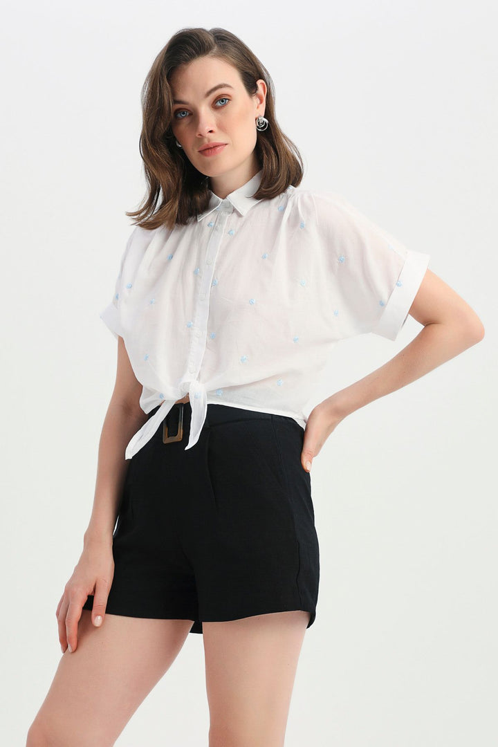 Front Tied Embroidered Shirt Baby Blue