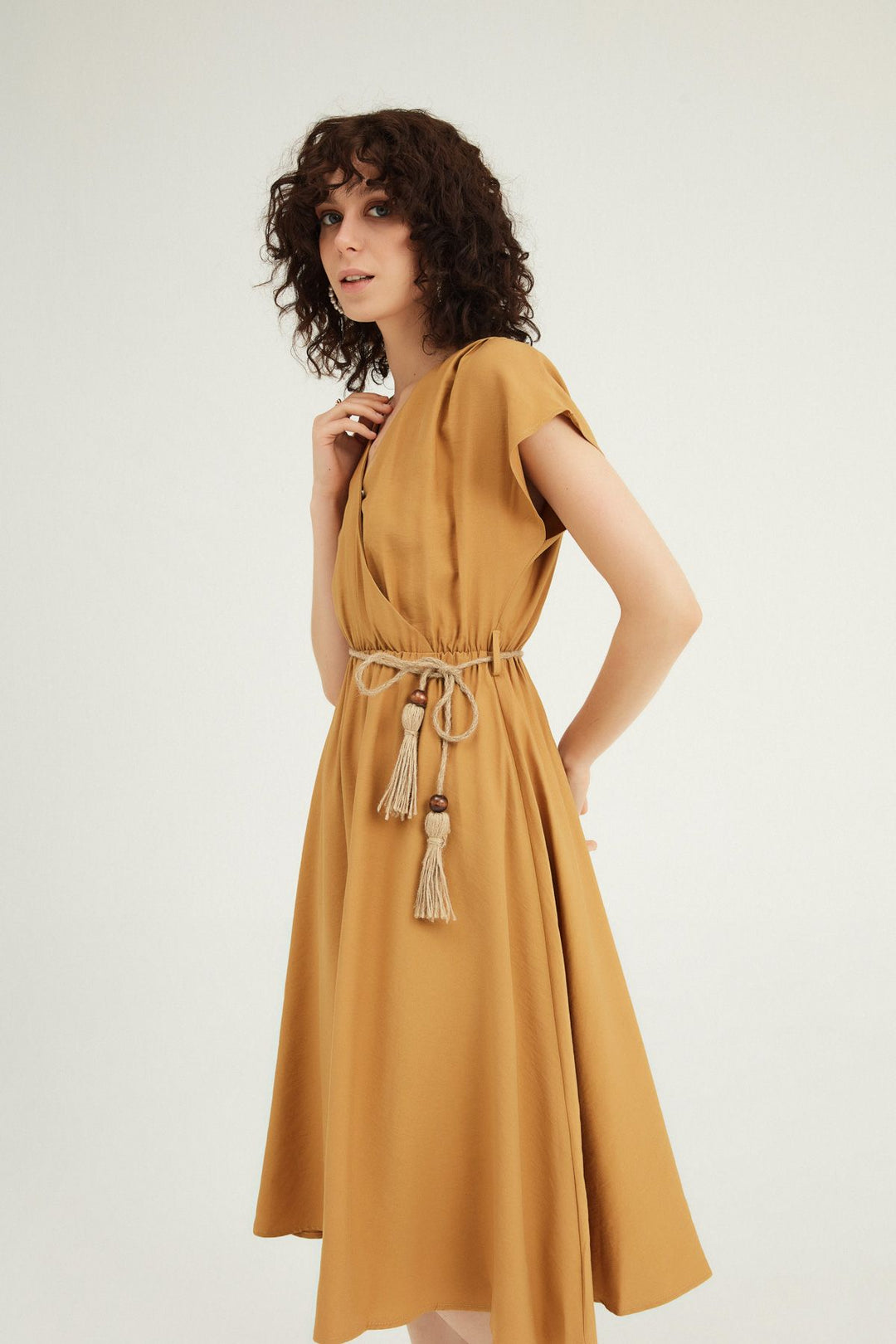 Double Breasted Straw Belt Dress Camel