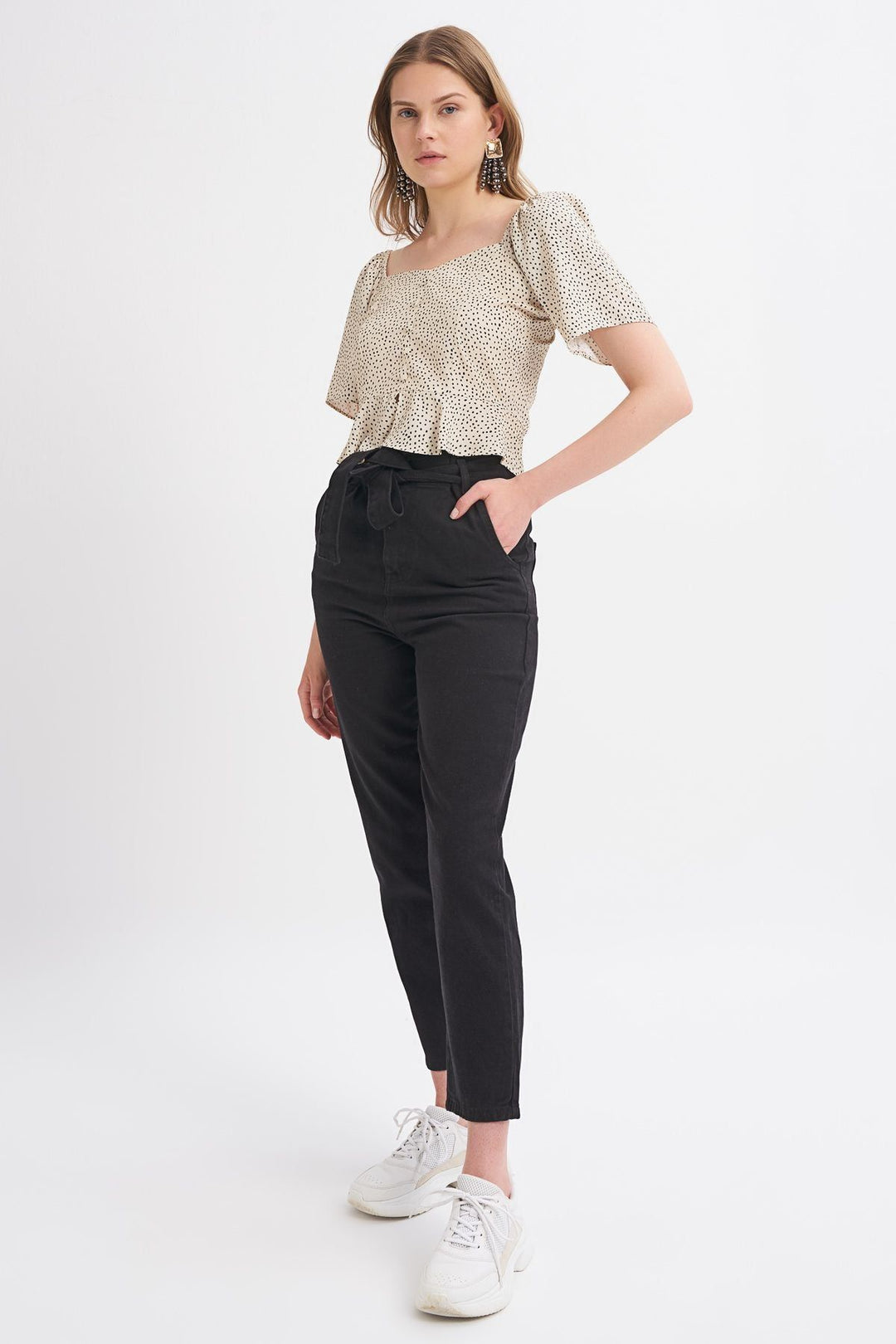 Button Detailed Polka Dot Volan Sleeve Blouse Beige